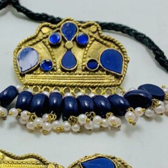 Blue Jewelry Set, Statement Choker Necklace With Earrings, Pearls Jewelry, - Picture 5 of 9